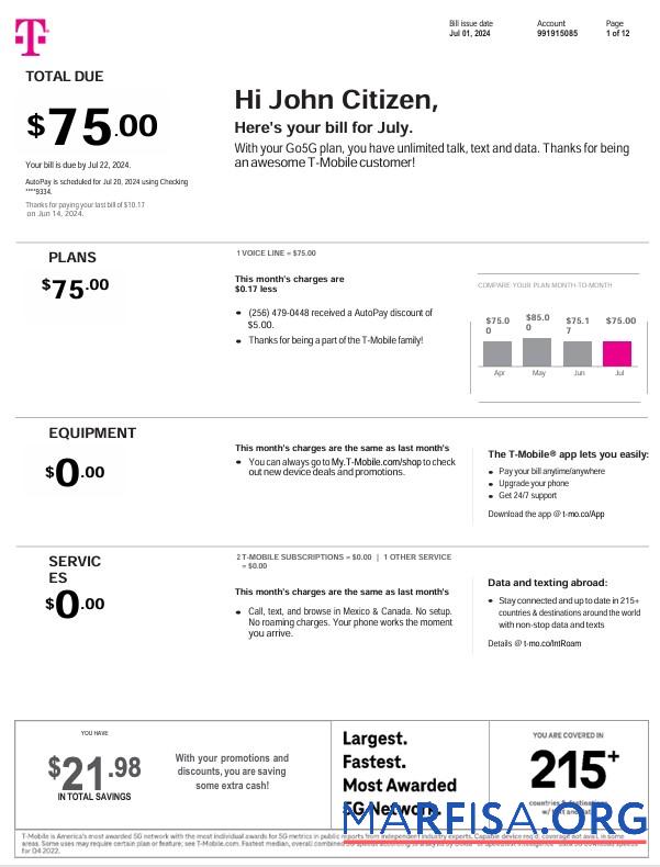 Blank USA T Mobile Monthly utility bill 12 pages real example